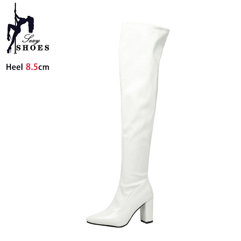 New Red Thigh High Women Boots Side Zip Pointed Toe Winter Shoes Elastic Patent Leather Over-the-Knee Boots Plus Size 44 45 46