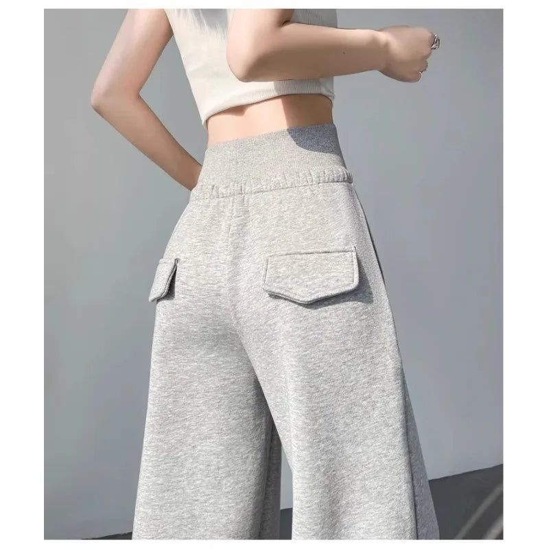 Women High Waist Drawstring Wide Leg Sweatpants Casual Loose Solid Color Straight Trousers Soft Sports Jogger Pants Streetwear