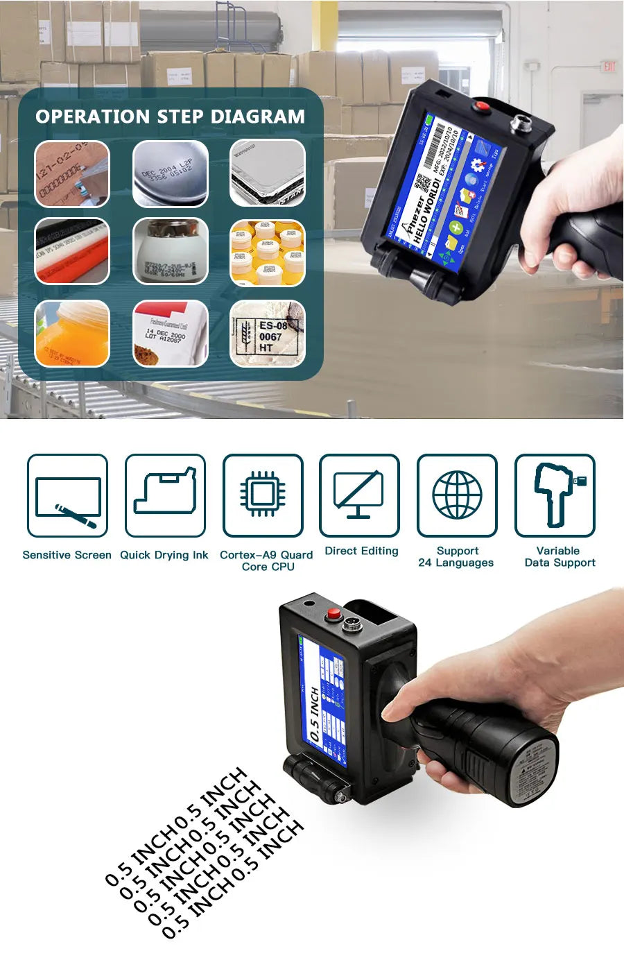 For Hp Phezer 12.7mm Label Printer Batch Code Date Number QR Bar Logo Expiry P15  Handheld Inkjet Printer 28 Languages Portable