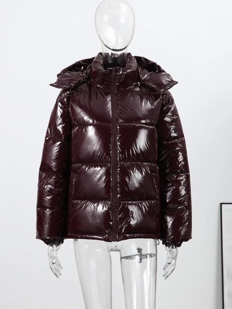 Chic Glossy Zipper Hooded Coat Women's Warm Elastic Waist Pleated Cropped Puffer Jacket 2026 Winter New Lady High Street Outwear