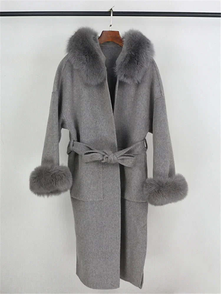 Real Fur Wool Outerwear Wool Blends Coat Natural Fox Fur Collar Hooded Cashmere Winter Jacket for Women Streetwear High Street