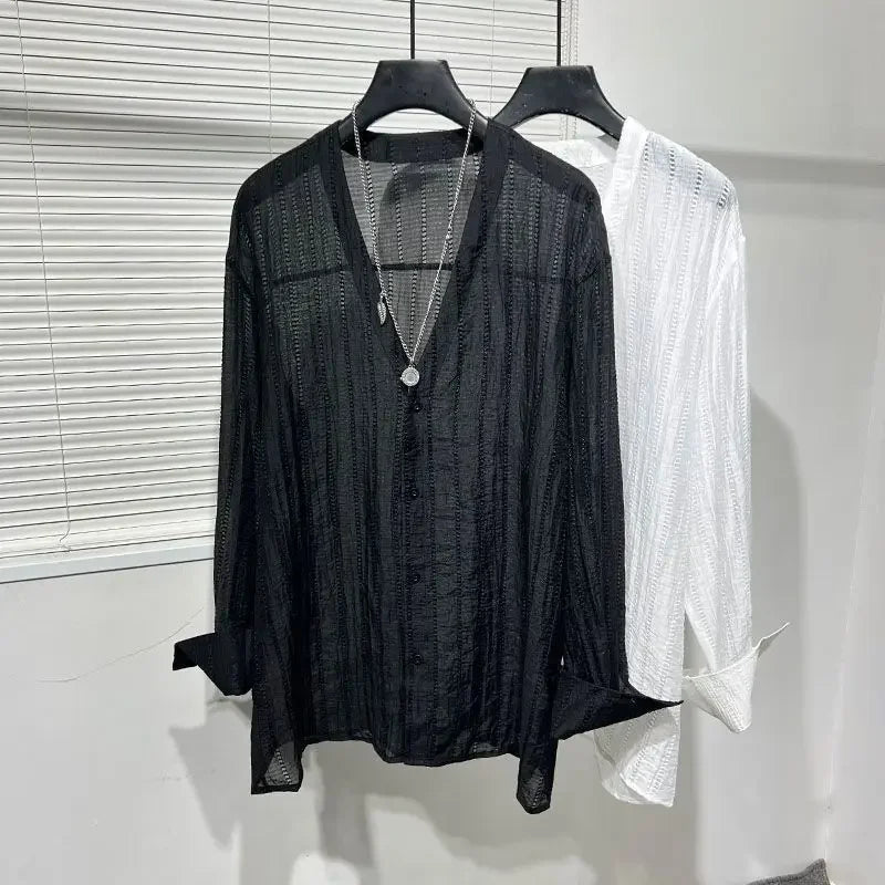 Simple Loose Hollowed-out Draped V-neck Loose Shirt for Men Solid Color Y2K Blouse Fashion Tops Chic Casual Male Clothes