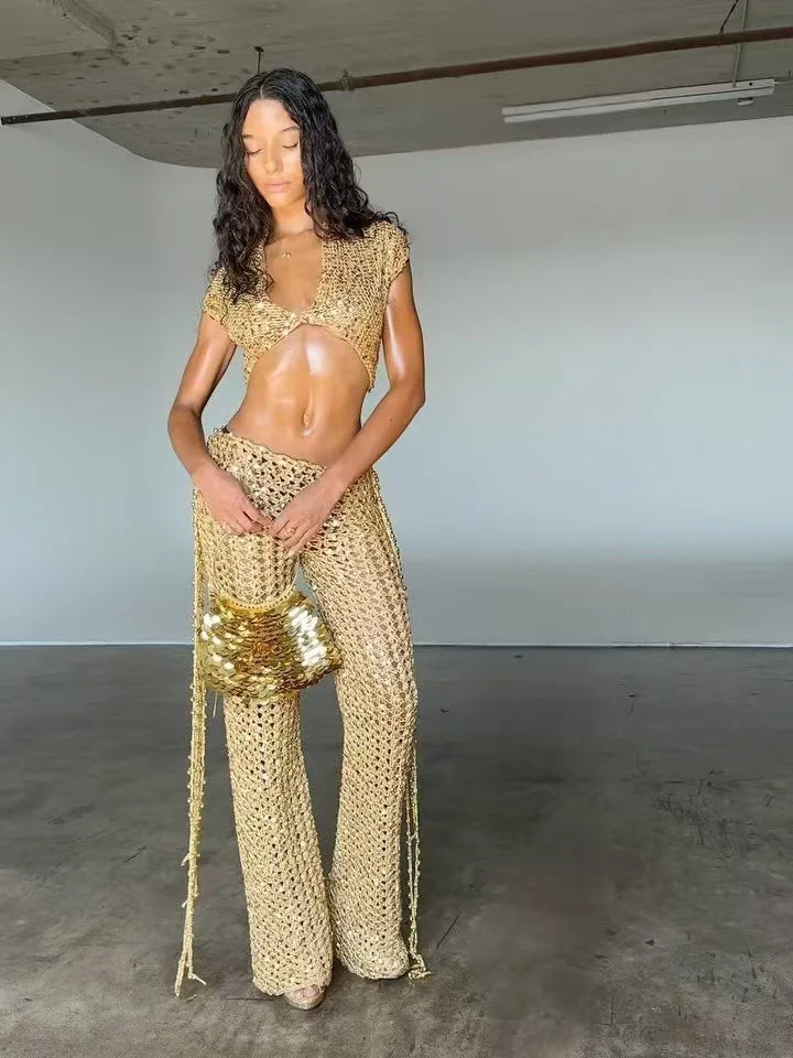 Sexy Sequin Hollow Out Pants Set V-neck Short Sleeved Top+Pants Two Piece Set Fashion Party Clubwear Evening Festival Outfit