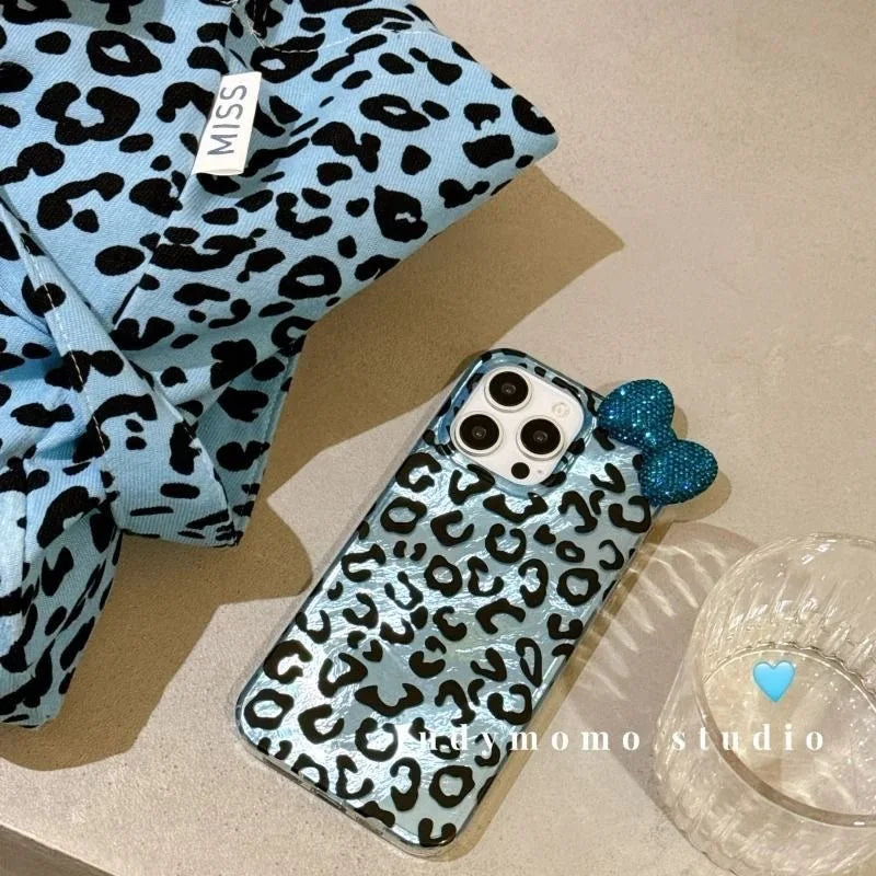 Colorful Leopard Blink Diamond Bowknot Lustre Lining Phone Case for iPhone 16 15 14 Plus 13 Mini 12 Pro Max 11 7 8 SE X XS XR