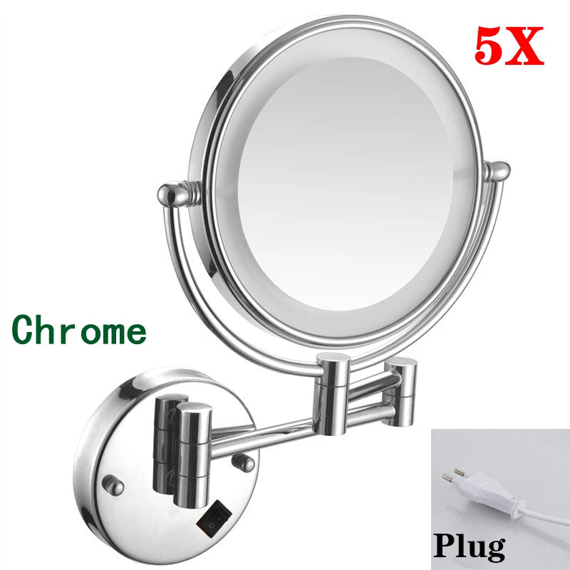 Brushed Gold LED Makeup Mirror with Brass Folding Bathroom Mirrors of 8 Inch 3X 5X Maynifying Makeup Mirror Dual Face LED Mirror