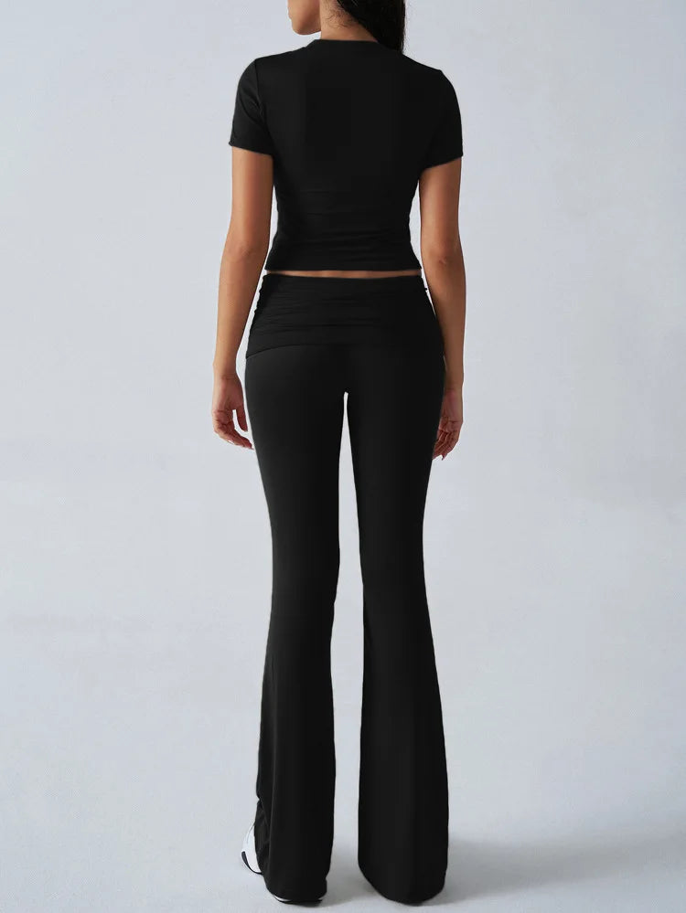 Women's Sexy Tops Suits 2026 Summer Latest Casual Solid Color Yoga Suit Slim Fit Sports Short Sleeved Pants Two-Piece Set Outfit