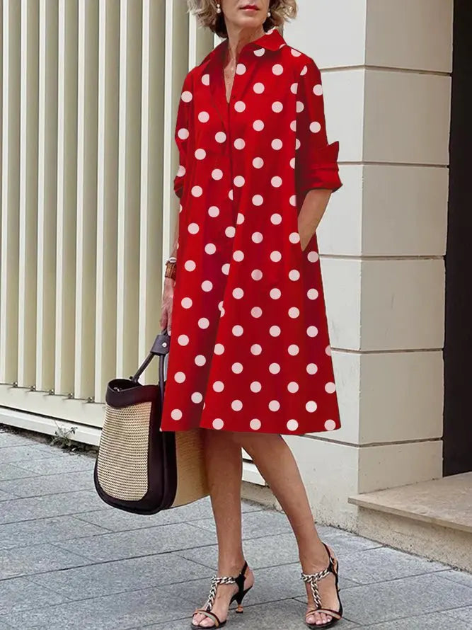 Uoozee Women's Fashion Polka Dot Lapel Shirt Dress 2026 New Spring Long Sleeves Loose Elegant Urban Casual Office Midi Dresses