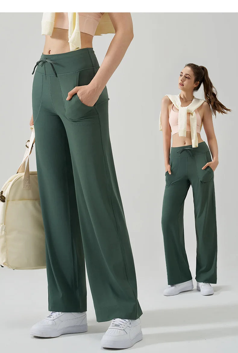 Women's High-Waisted Drawstring Wide-Leg Sports Pants Loose Fit Running Trousers & Slimming Yoga Fitness Pants