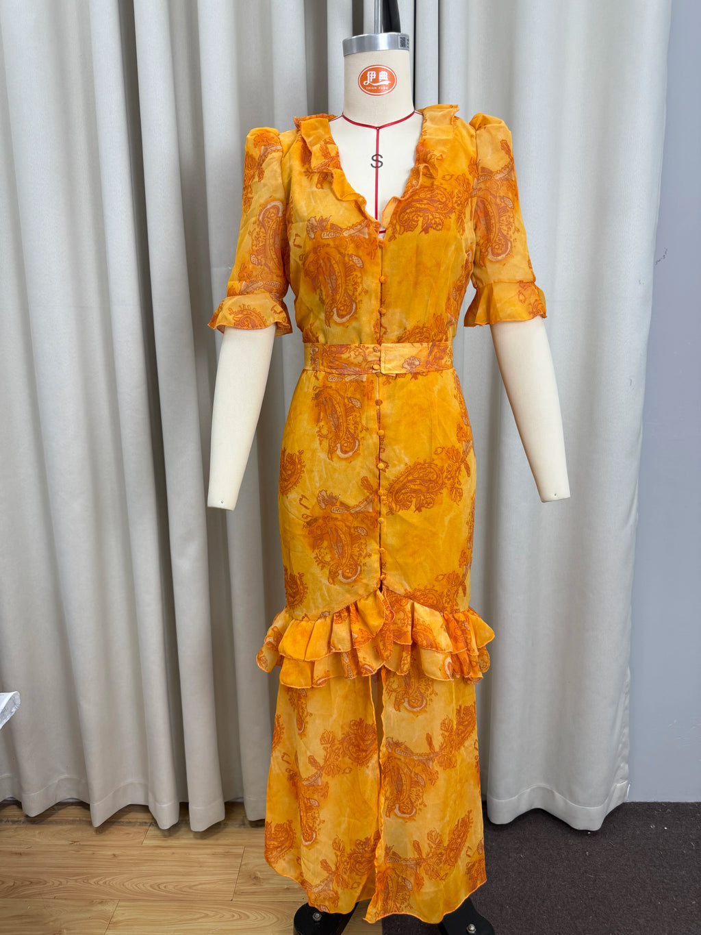 Organza Floral Printed Maxi Dress Women V Neck High Split Puff Sleeve Waist Cinching Ruffle Long Dresses Vacation Summer Outfits