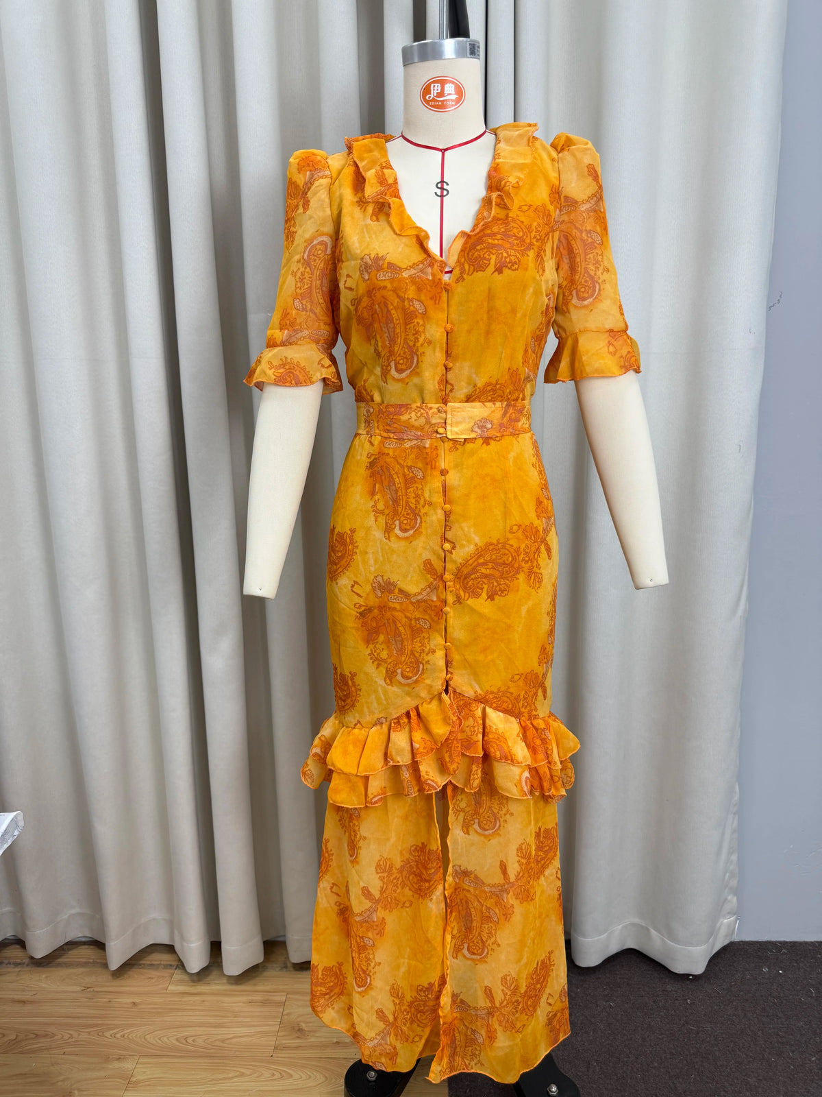Organza Floral Printed Maxi Dress Women V Neck High Split Puff Sleeve Waist Cinching Ruffle Long Dresses Vacation Summer Outfits