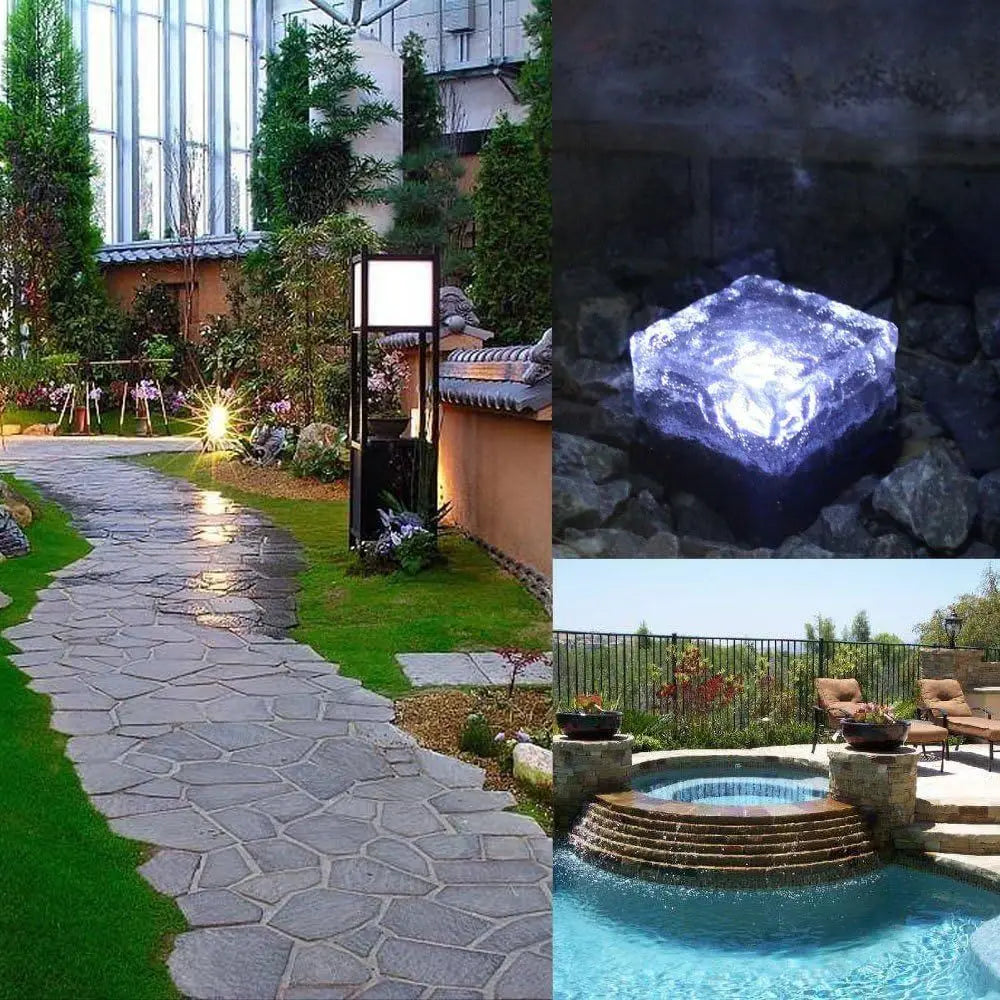 1-8PCS Garden Yard Decor Solar Ice Cube Lights Glass Brick Landscape Square Glass Outdoor Pathway Illumination Lamps