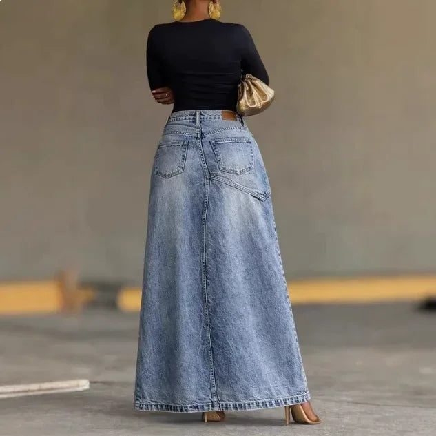 2026 New Irregular Split Denim Skirt Women Fashion Loose Double Waist Stitch Design A-Line Long Skirt Casual Street Jean Skirts