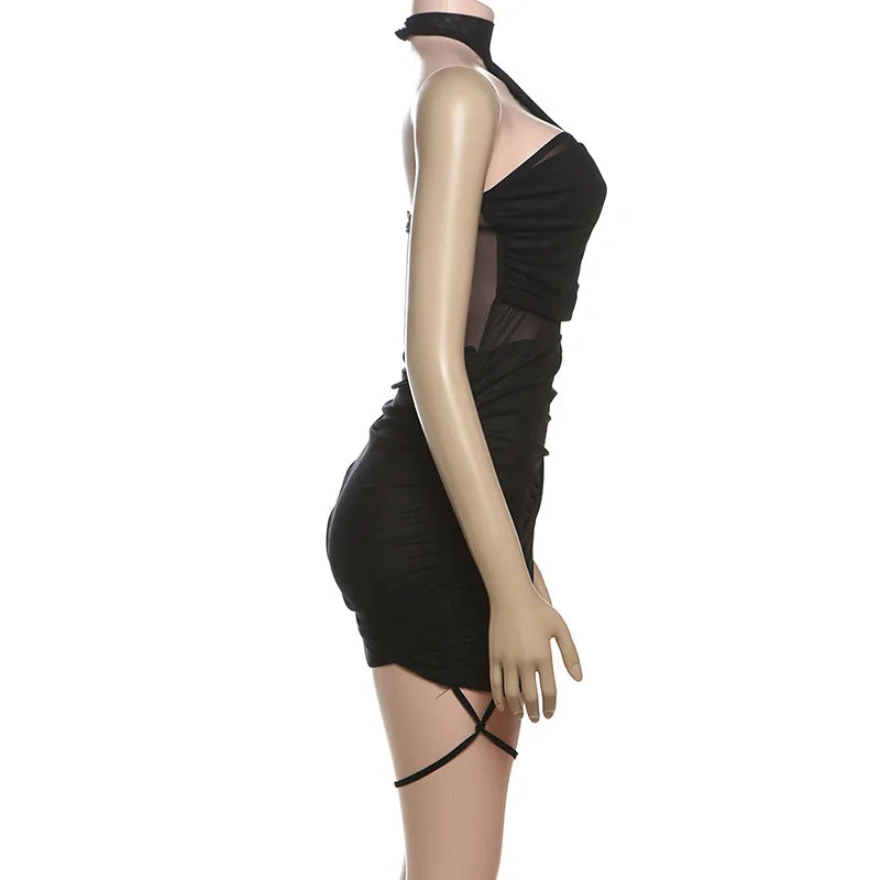 Leosoxs See Through Sexy Dress Women Y2K Cross Bandage Backless Halter Sleeveless Summer Trend Midnight Clubwear Mini Bodycon