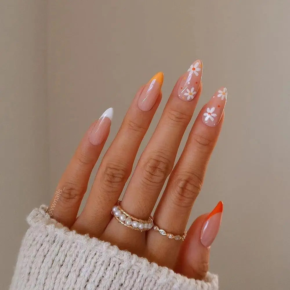 24Pcs/Set Blue Sky White Cloud Fake Nails Glue DIY Manicure Pattern Design False Nail French Stiletto Full Cover Nail Art Tools