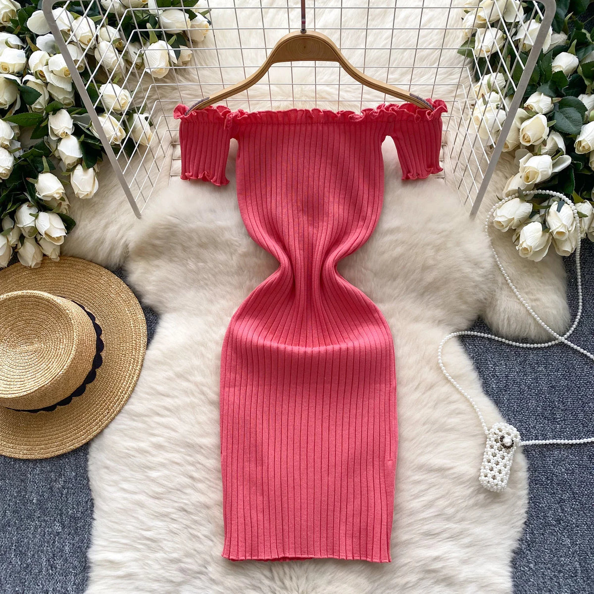 2025 New Pink Solid Button Front Spaghetti Dress Sexy Knit Slash Neck Mini Dress Bodycon Women's Clothing Outfits Ruffles