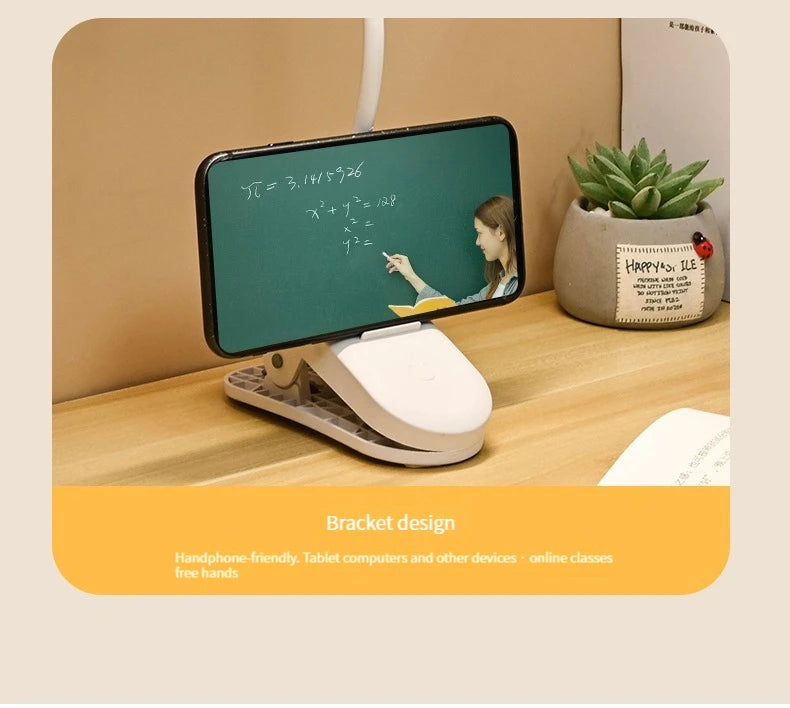 Clip-On Desk Lamp with Eye Care, USB Rechargeable & Plug-in Dimmable LED Light, Adjustable Study Lamp for College Dorm, Bedroom