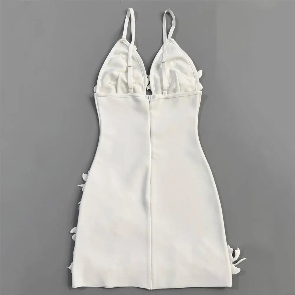 Women Simple 3D Floral Appliques Spaghetti Strap Bandage Dresses Deep V-Neck Backless Club Party Mini Dress