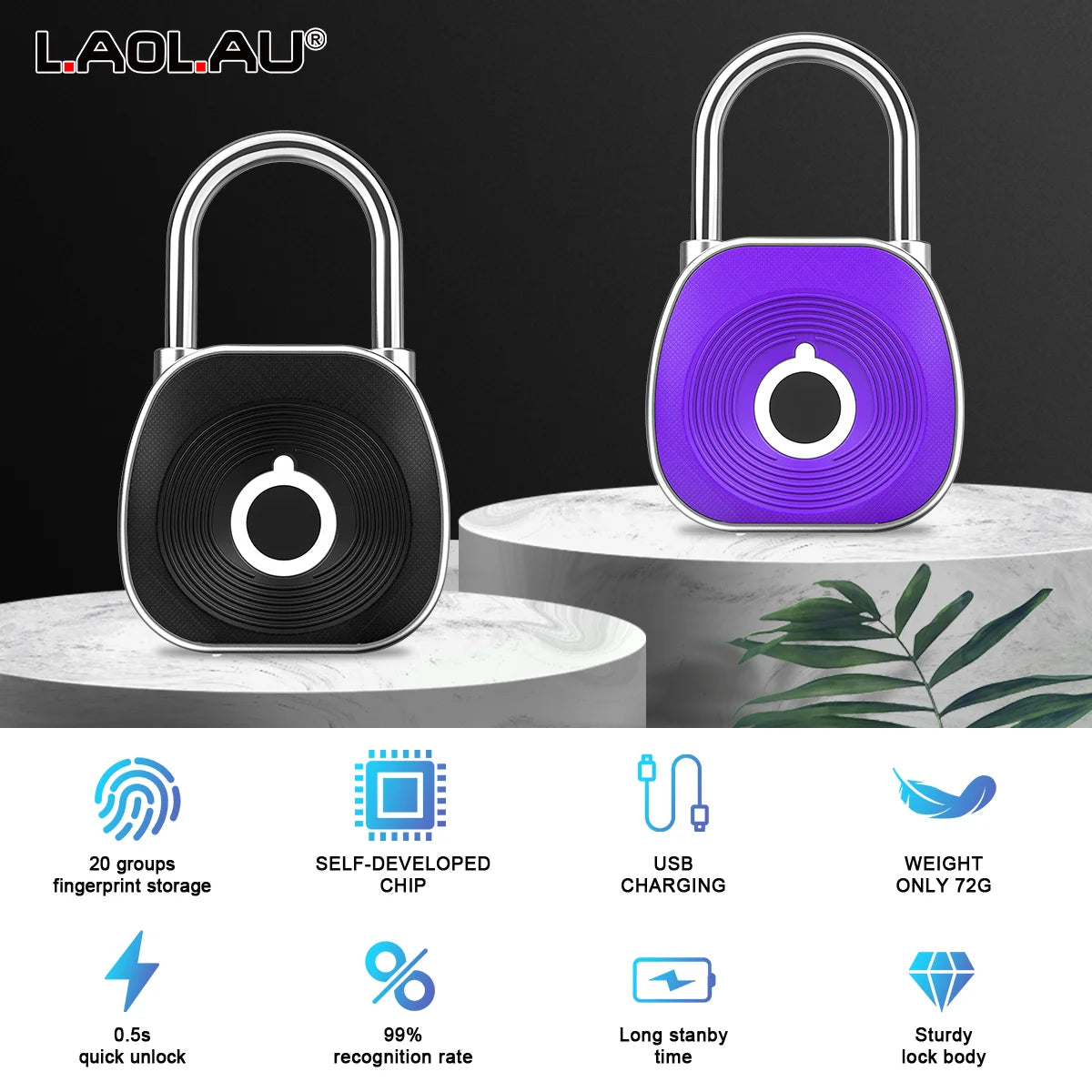 Fingerprint Smart Padlock Keyless Biometric Lock Waterproof USB Rechargeable 0.5s Unlock 20 Fingerprints, Cabinet Luggage Door