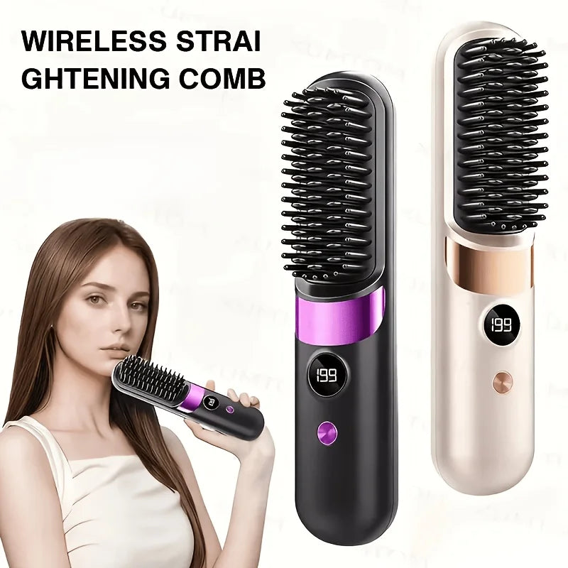 Portable Hair Straightener Brush USB Charging Cordless Hot Comb Ceramic Coating Ionic Anti Frizz Styling Tool