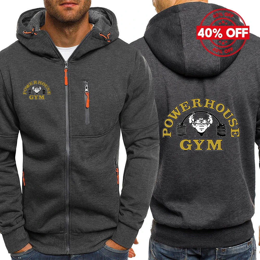 2025 Hoodies Hooded Spring Autumn Man's Jacket Long Sleeve Zipper Design Powerhouse Gym Logo Logo Print Slim Fit Casual Coat