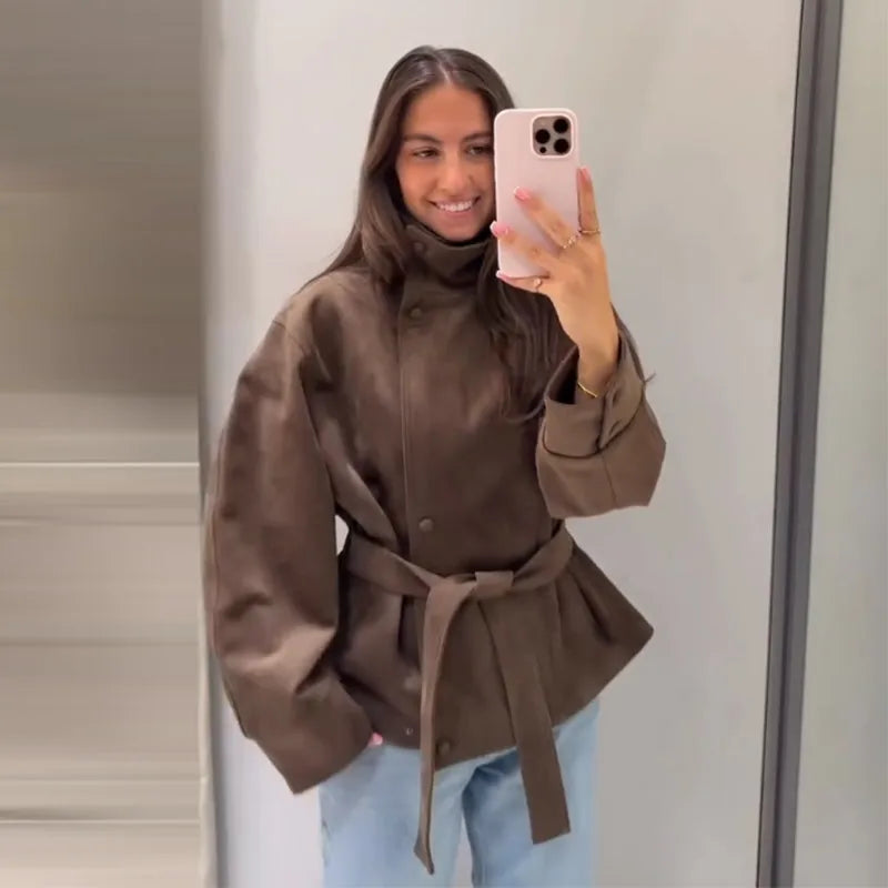 Faux Suede Women Winter Jacket Belted Waist Autumn Coat Stand Collar Short Jacket Cargo Jacket Daily Commute Wear Street Style
