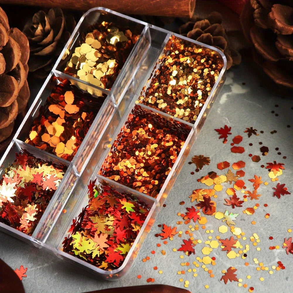 6 Grids Autumn Nail Glitter Flakes Golden Red Orange Leaf Sequins for Nail Art DIY Decorations Fall Acrylic Tips Decals Supplies