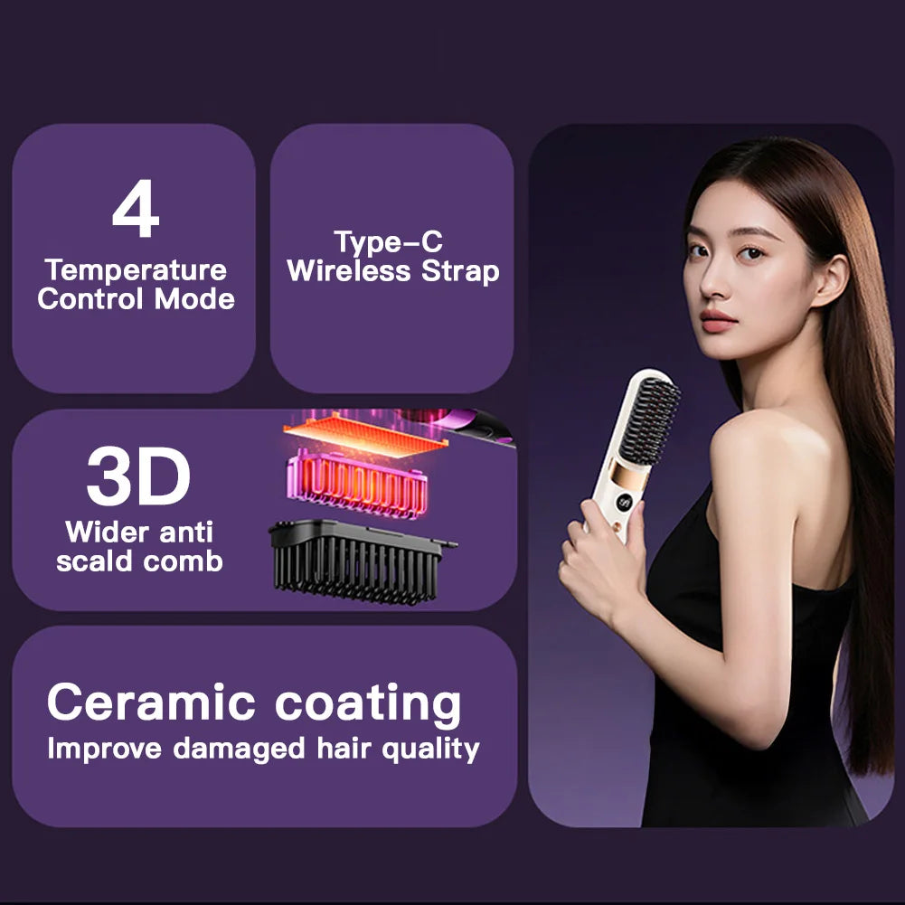 Portable Hair Straightener Cordless Comb with Negative Ion Fast Heating Rechargeable Brush for Straightening and Curling