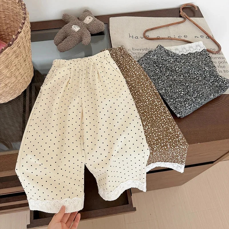 Korean Style Baby Girls Polka Dot Wide Leg Pants Lace Hem Loose Trousers Toddler Kids Elastic Waist Casual Fashion Pants