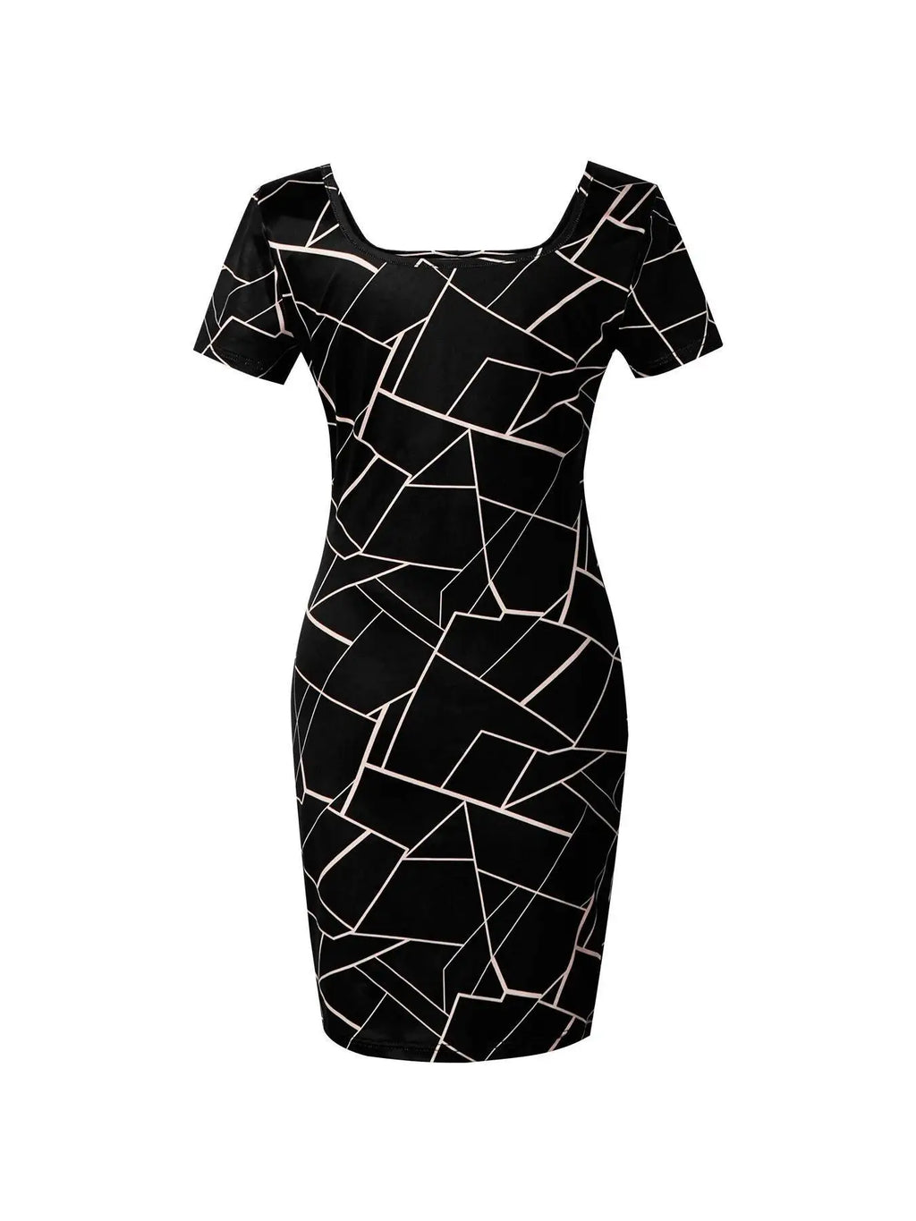 Women Dress Square Neck Short Sleeve Geometric Print Bodycon Mini Dress Sleek Spring Summer Chic Party Club Night Out Flattering