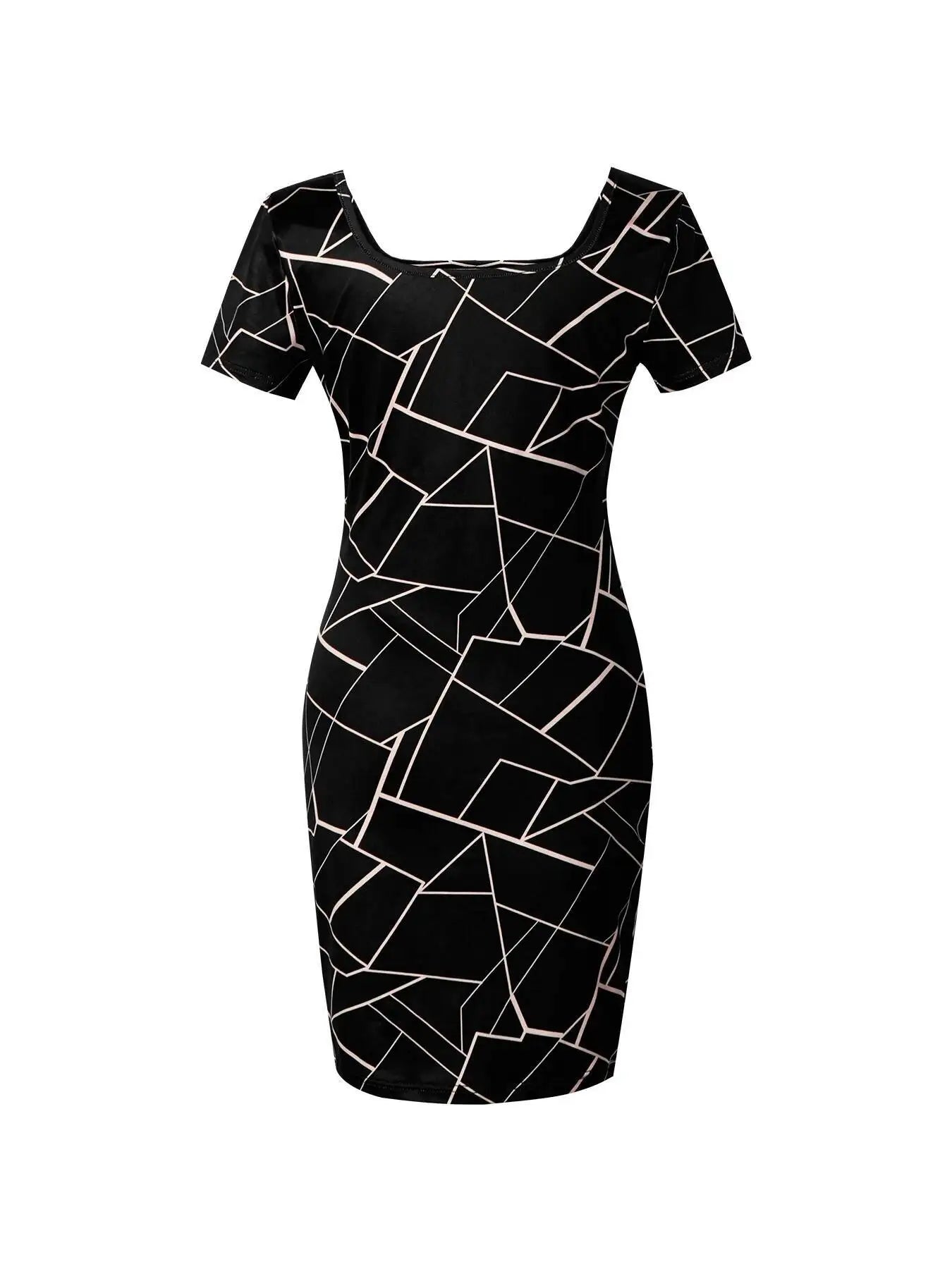 Women Dress Square Neck Short Sleeve Geometric Print Bodycon Mini Dress Sleek Spring Summer Chic Party Club Night Out Flattering
