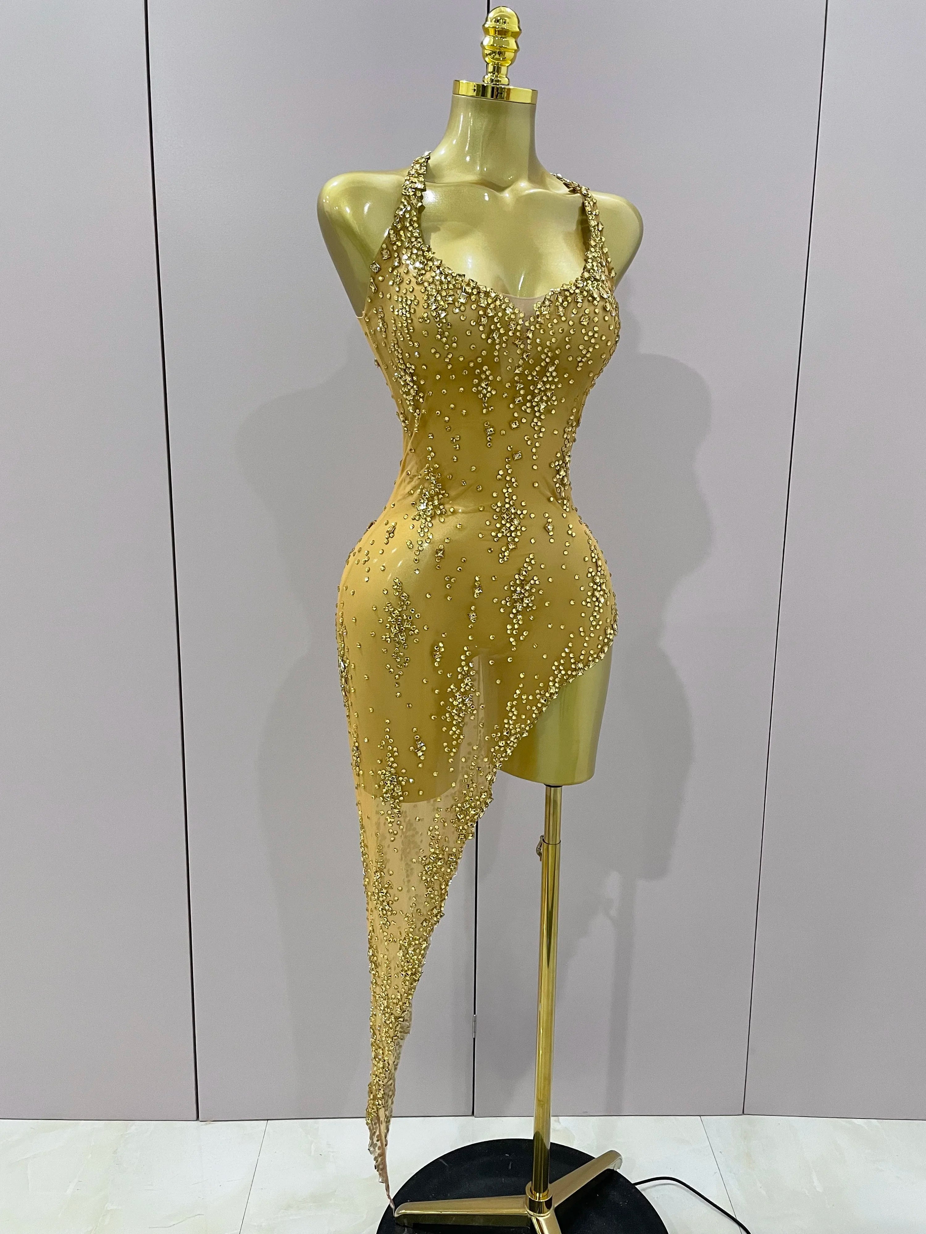 2025 New Sparkly Rhinestone V Neck Stretch Mesh Sexy See Through Dress Women Elegant Party Celebrate Perform Costume Stage Outfi