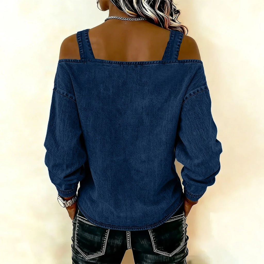 Women's Denim Top, Stylish Off-the-shoulder Long-sleeved Top with Shoulder Straps, Elegant and Versatile Denim Shirt, Streetwea