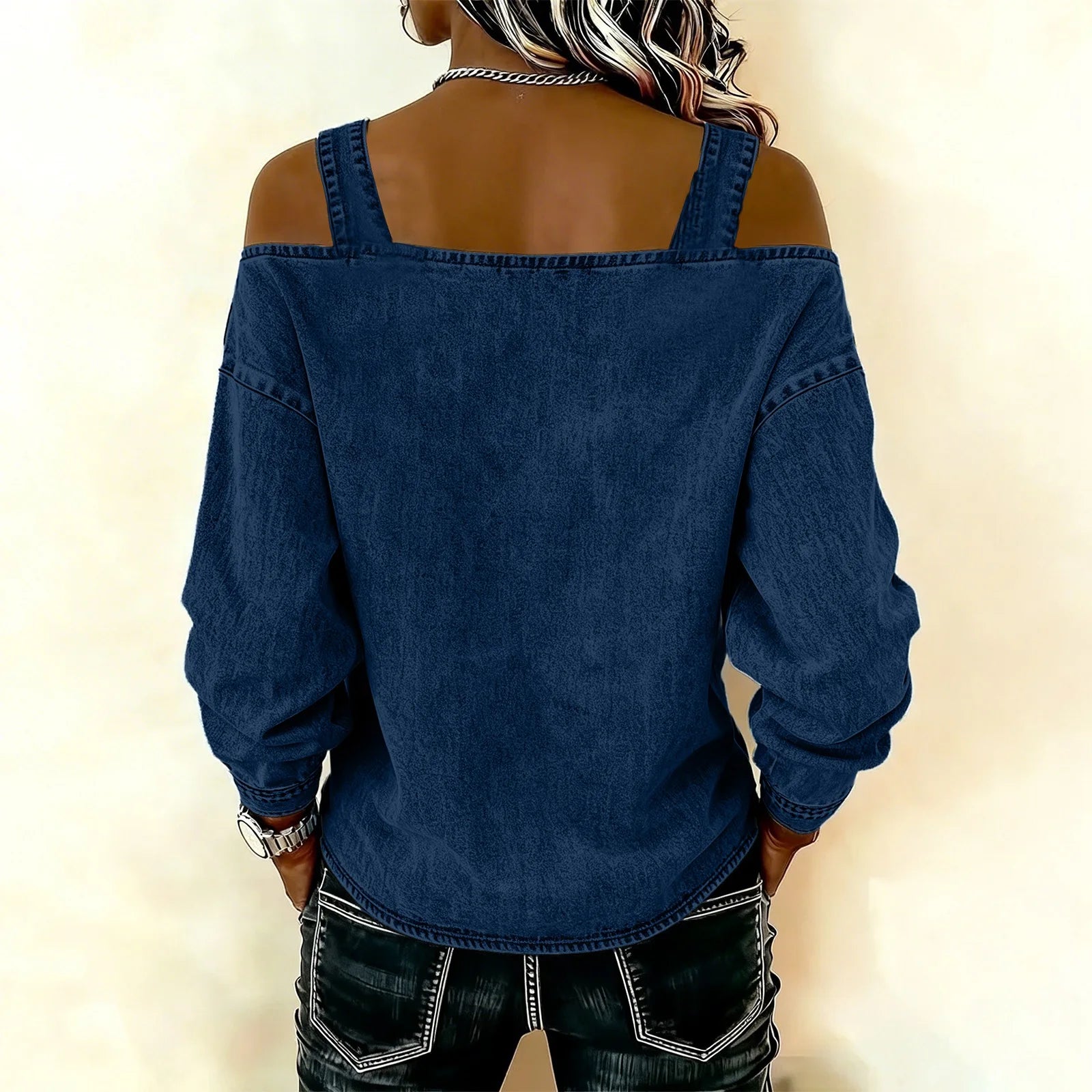 Women's Denim Top, Stylish Off-the-shoulder Long-sleeved Top with Shoulder Straps, Elegant and Versatile Denim Shirt, Streetwea