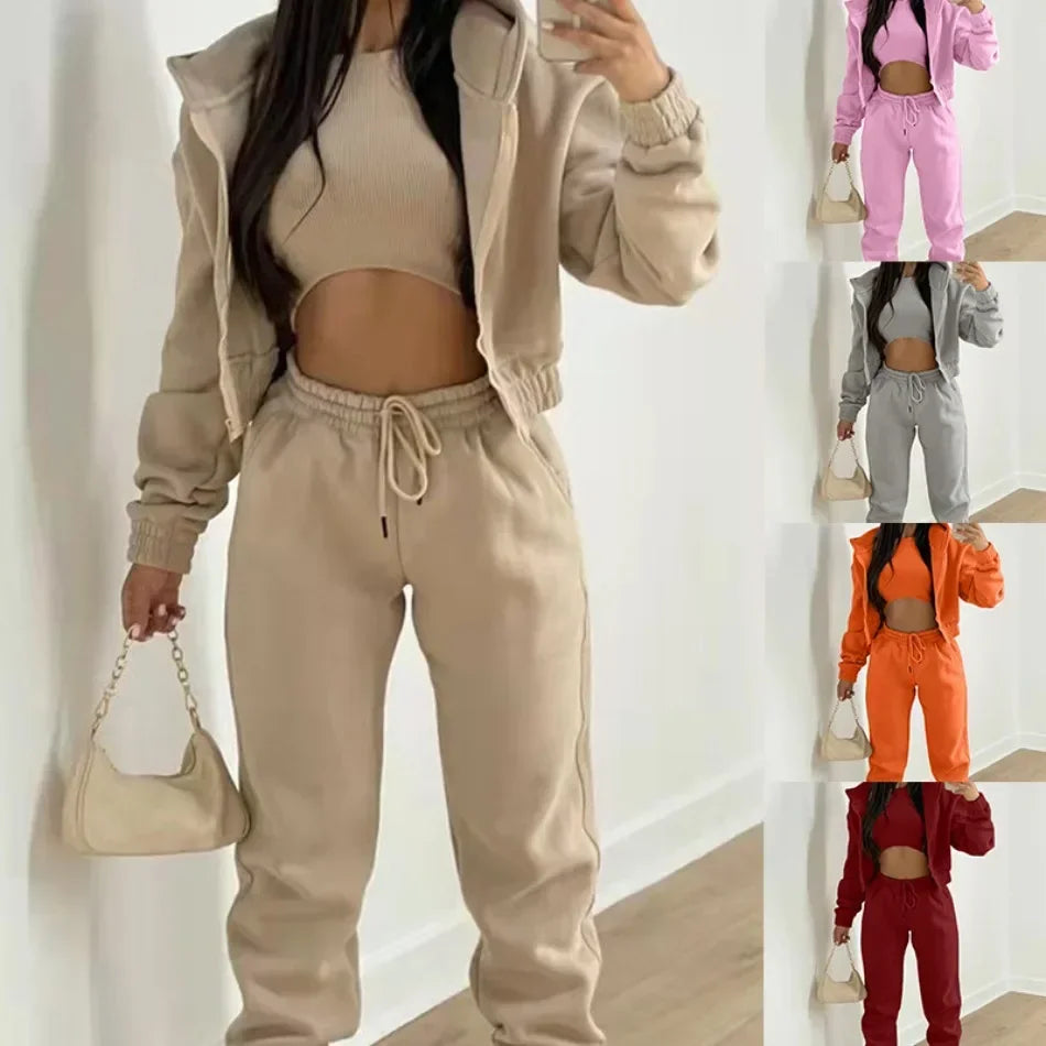 Women's 3-Piece Set Long Sleeve Hooded Sport Coat Casual Loose Lace-Up Pants Autumn Winter Fashion Outfit Versatile Clothing
