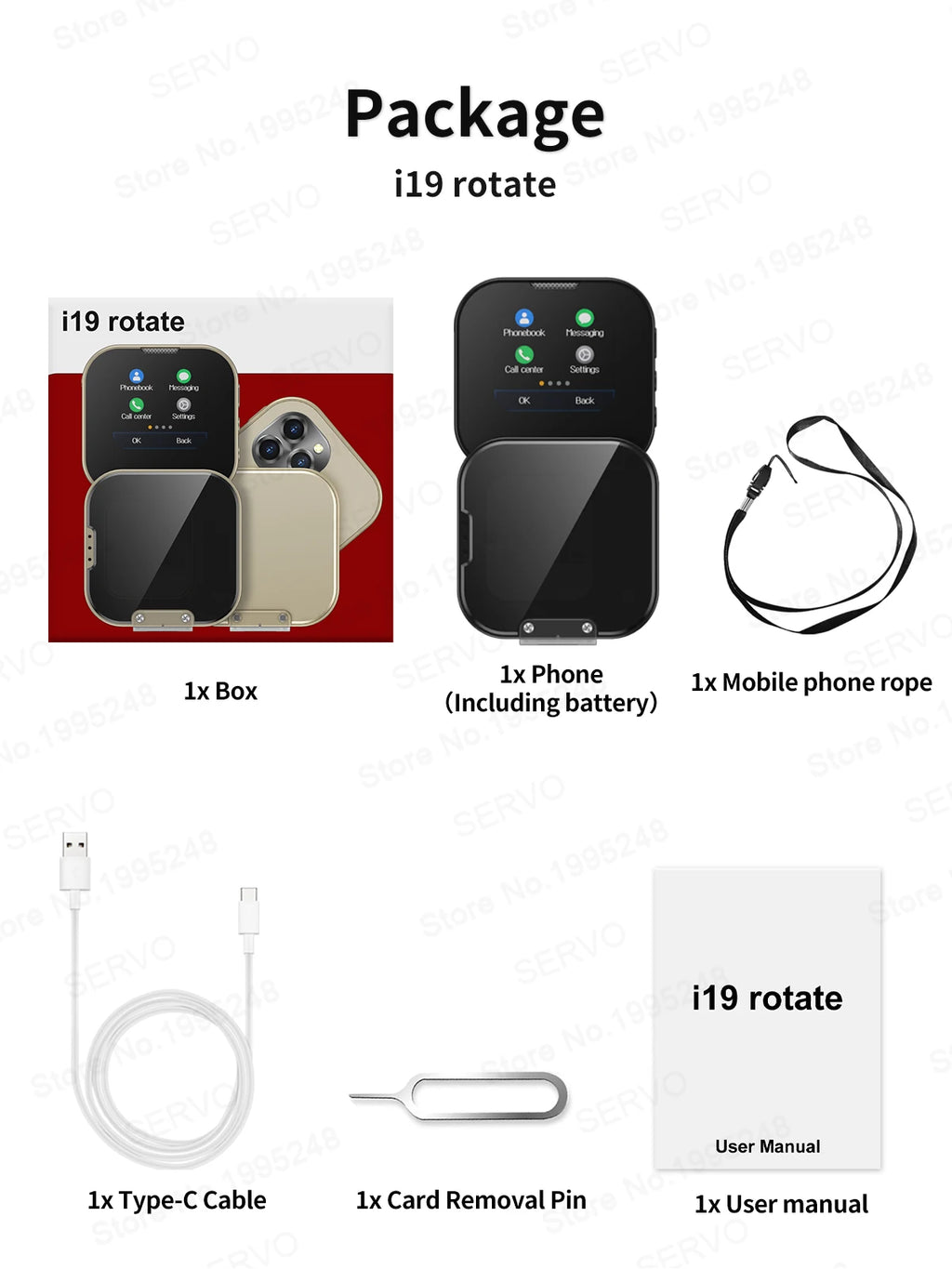 SERVO I19 Rotate Small Box Touch Mobile Phone 2SIM Standby Magic Voice Bluetooth Sync Music Torch Mini Rotation Cellphone Type-C