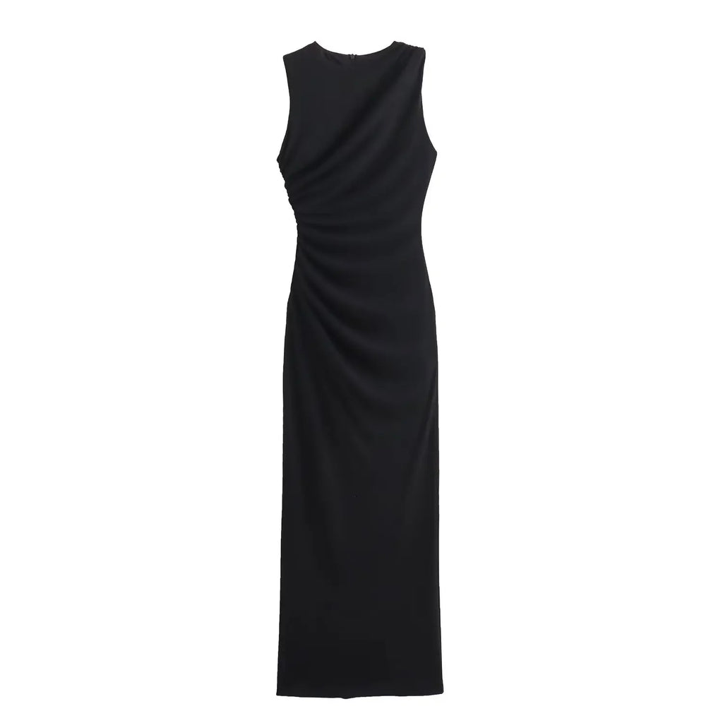 BSAY Women Fashion Summer New White Pleated Back Zip Sleeveless Crewneck Vest Long Dress Chic Female Elegant Evening