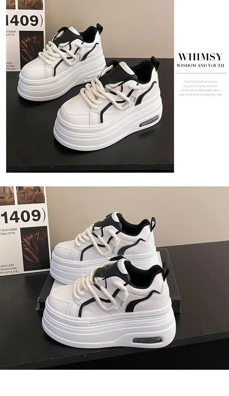 Fashion Platform Sneakers Women Spring Autumn Comfort Round Toe Lace-up 8CM Thick Bottom Black White Casual Sport Shoes