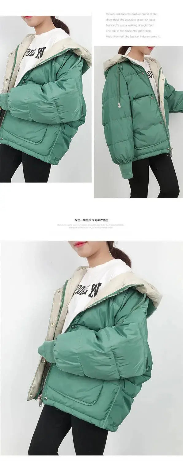 2024 Winter Korean Warm Female Puffer Coat Pocket Solid Parkas Padding Long Sleeve Thick New in Outerwears Hooded Women's Jacket