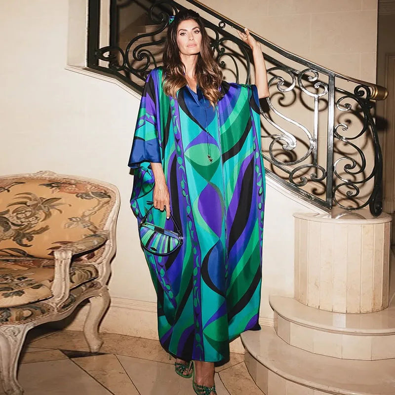 Casual Vacation Long Puff Sleeve V-neck Beach Dresses Fashion Printed Oversize Maxi Dress Women Lady Summer Bohemia Party Robes