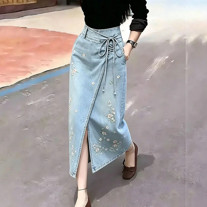 Side Slit Denim Long Skirts Womens Summer Vintage Floral Embroidery Jeans Pencil Skirt Bandage High Waist Women Long Skirt