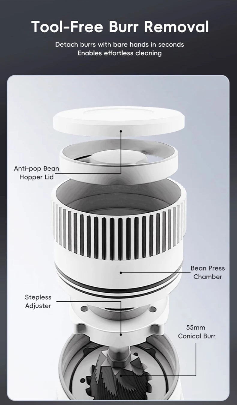 Electric Coffee Grinder 55MM Espresso Cone Burr Stepless Fineness Adjustment Brew Bean Grinder Black White