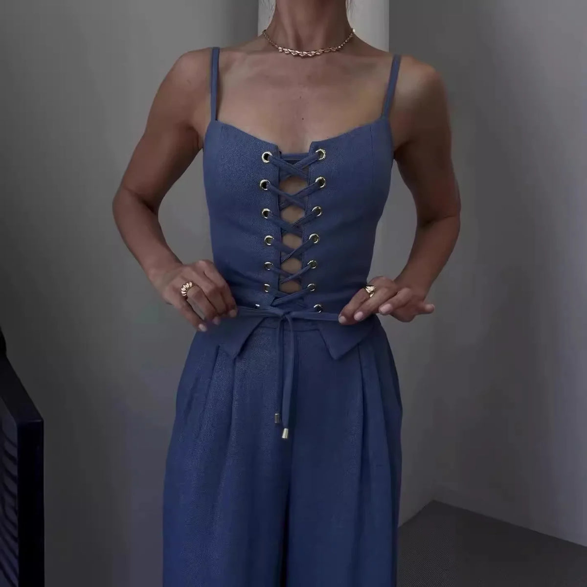 Women Two Piece Sets Pant Set Sling Sleeveless Sexy Hollow Out Sheath Short Tops Wide Leg Long Pants Casual Elegant Splice