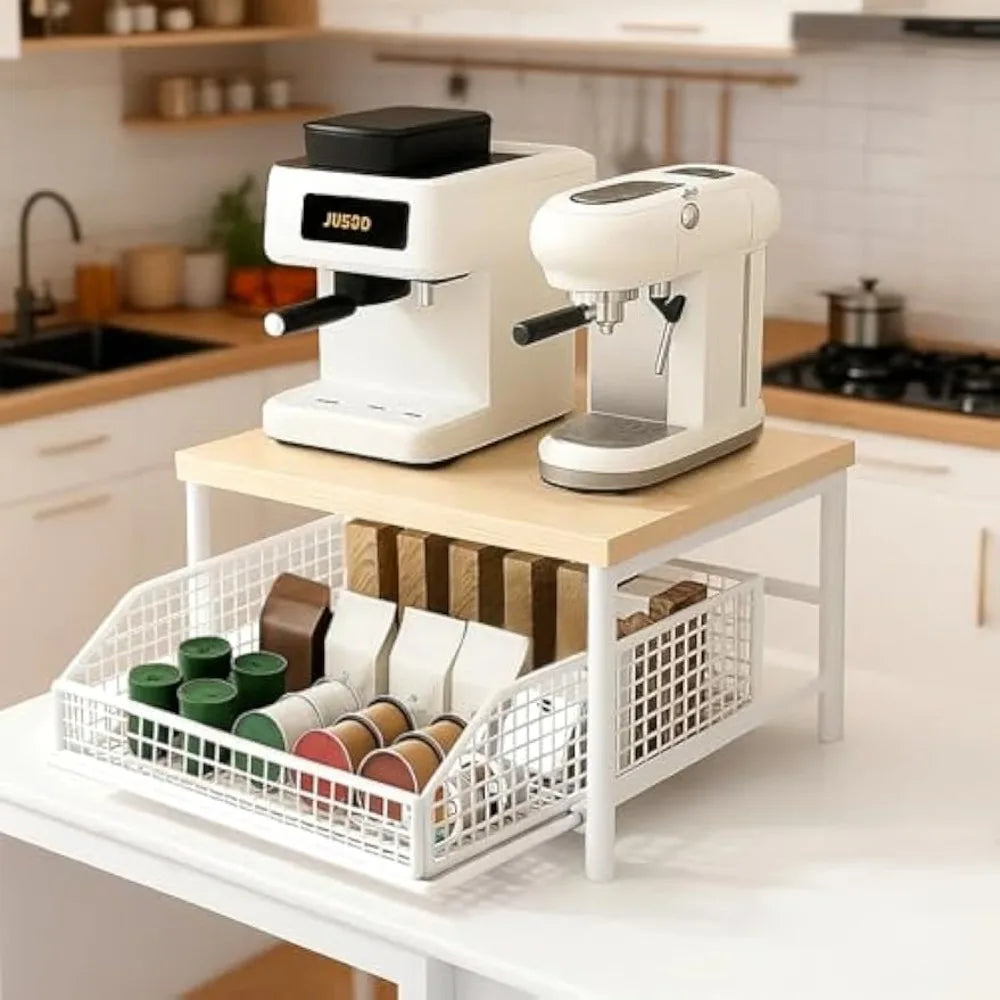 Double-Layer Kitchen Countertop Storage Rack Organizer with Drawers for Tableware Spices Coffee Condiments Space Saving
