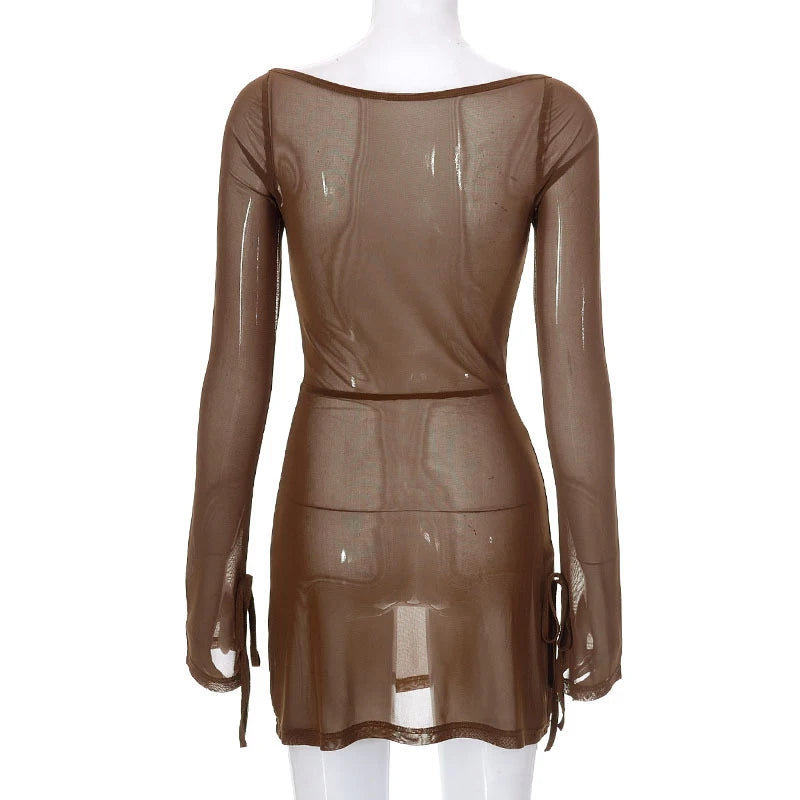 Women's Square Collar Mini Dress Y2K Gauze Long Sleeve Sheer Sexy Night Outfit Clubwear Solid Color