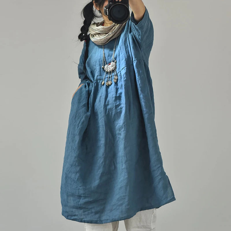 Johnature Women Vintage High Waist Dresses Linen Solid Color O-Neck Seven Sleeve Embroidery 2025 Spring New Casual Soft Dresses