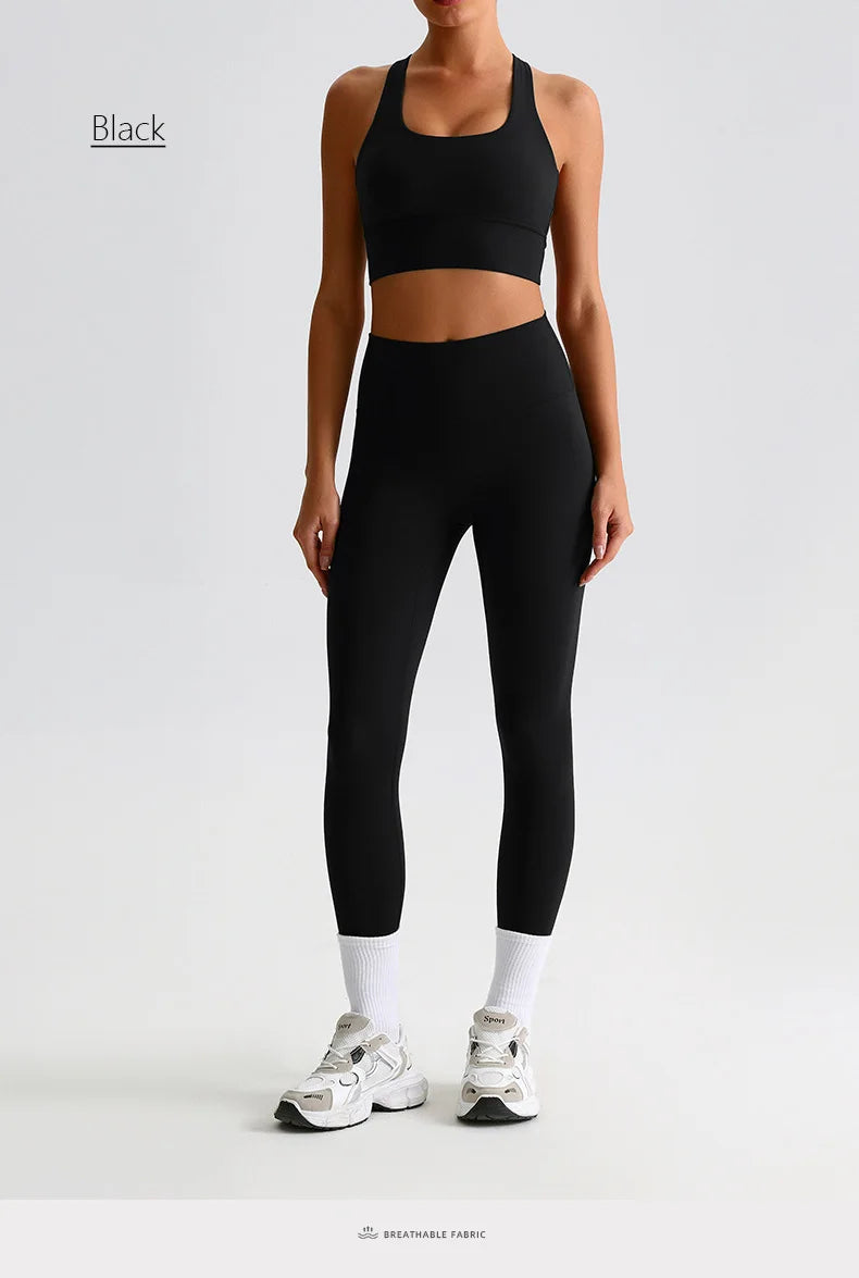 Naked Feel Yoga Set Women Fitness Sportswear 2 Piece Strappy Sports Bra High Waist Gym Leggings Workout Outfit Active Wear