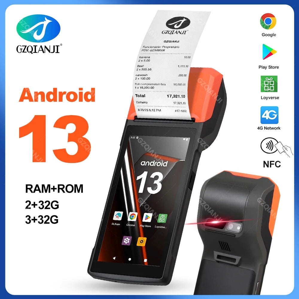 4G Android 13/14 Handheld POS Printer with 58mm Thermal Printing, 1D2D Scanner, NFC optional Compatible with Loyverse POS, Grab