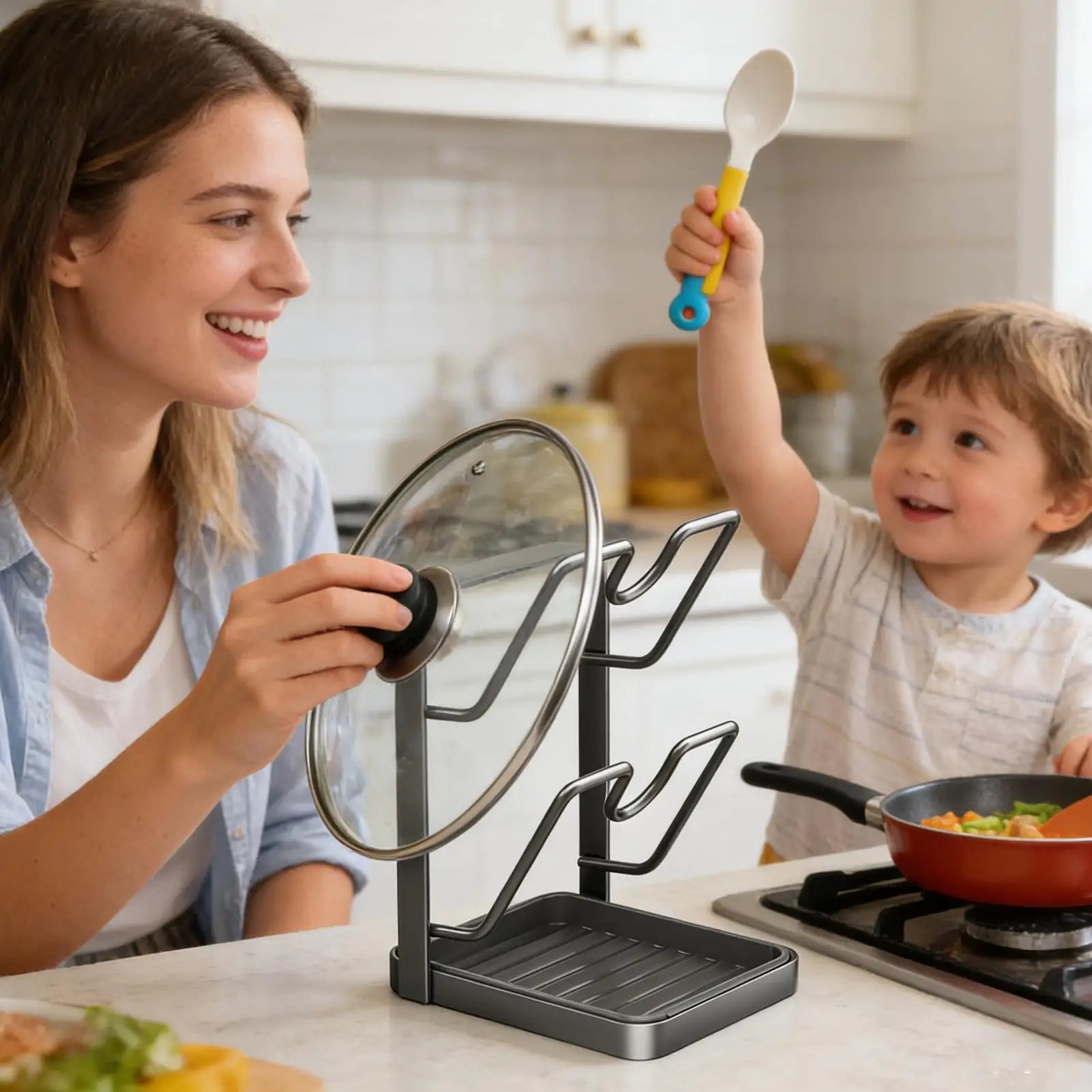 Kitchen Pot Lid Rack No Drill Pot Lid Organizer Kitchen Space Saving Countertop Organizer Rack with Drainage Tray Storage Rack