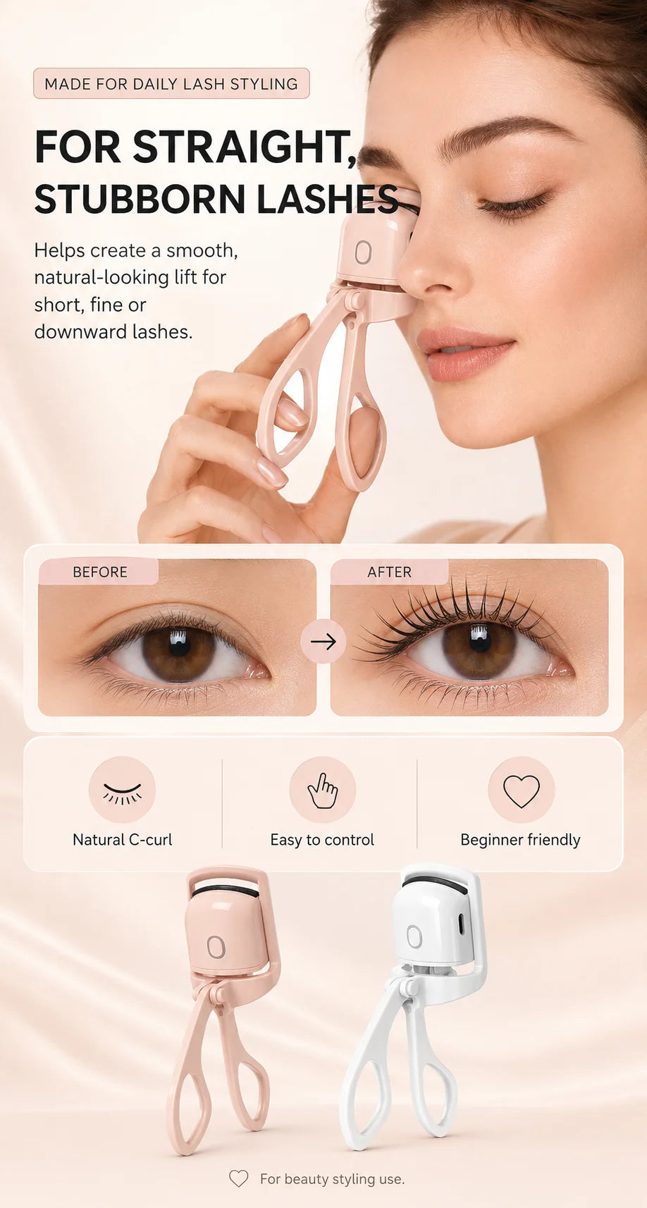 Electric Lash Curler for Women USB Rechargeable Heated Eyelash Styling Device Portable Beauty Tool for Eye Makeup