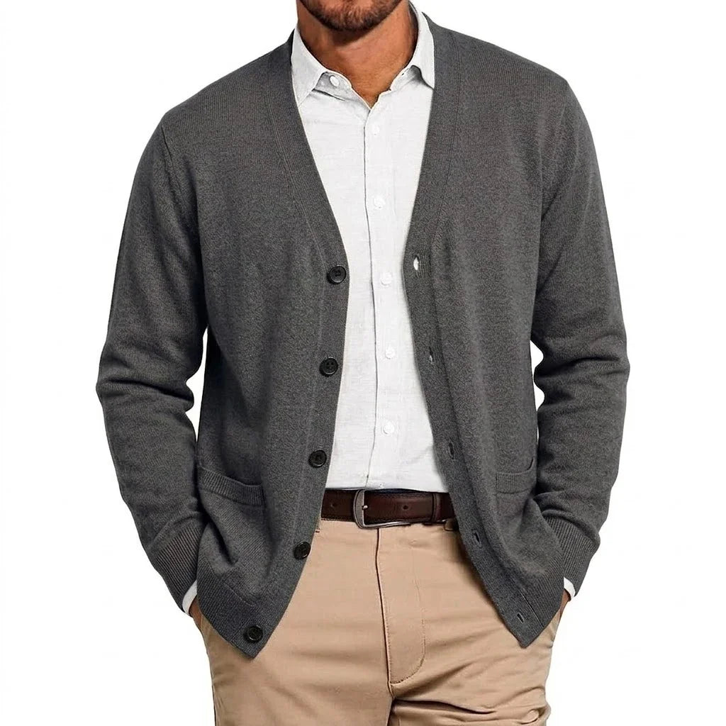 Mens VNeck Open Cardigan Jumper Button Front Knit Apparel Long Sleeve Knit Sweat Tops with Pockets Outer Garment for Males